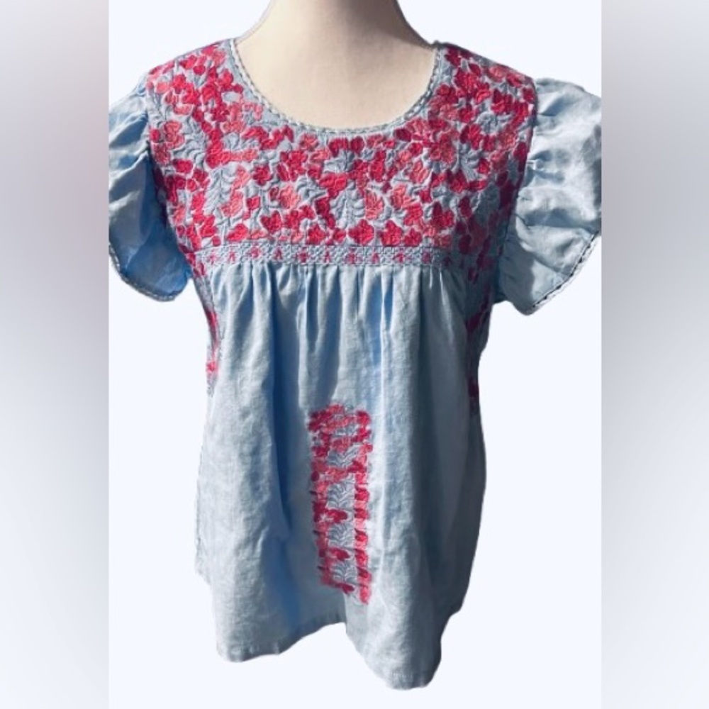 j.marie Cotton Linen Embroidered Peasant Top Floral Shirt Blouse Cottage Medium